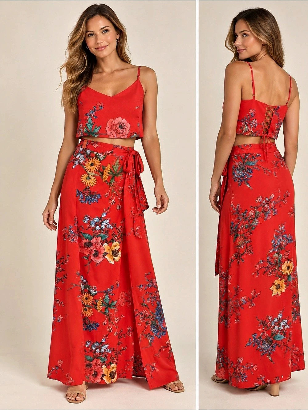 Lulus Bloom With a View Red Floral Print Two-Piece Maxi Dress Floral Two-Piece